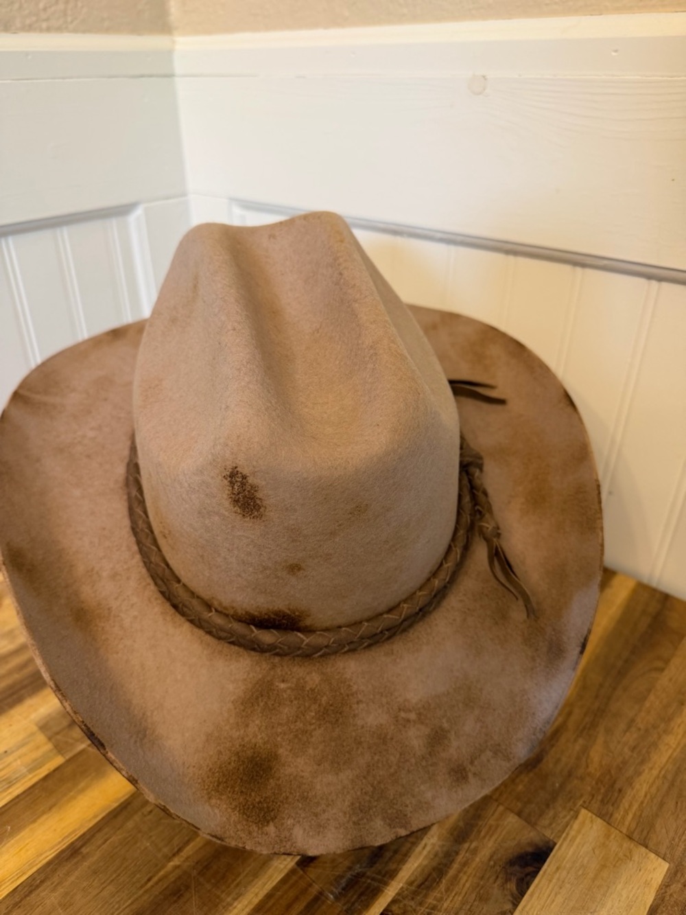 Distressed Cowboy Hat | Brown Wool Felt | Braided Leather | Large 7 3/8 - Picture 2 of 4